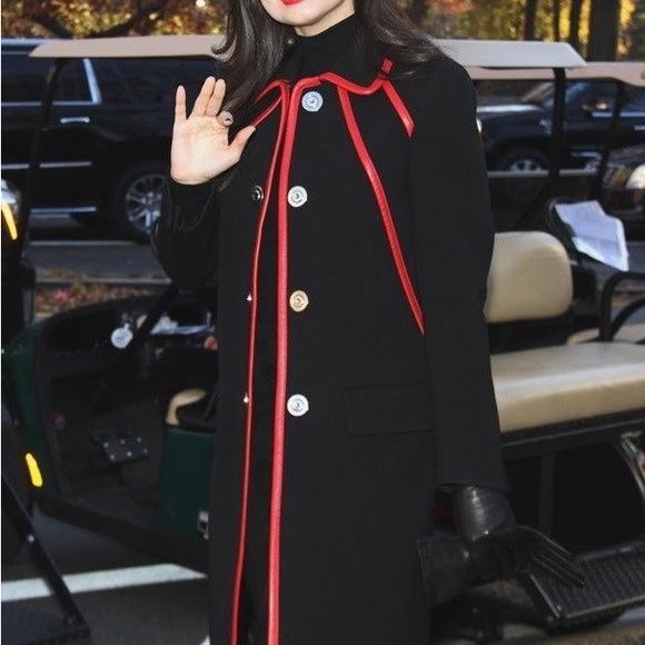 Prada FW14 Black Wool Coat Red Leather Piping IT38 Sofia Carson Style Rare - Picture 3 of 6